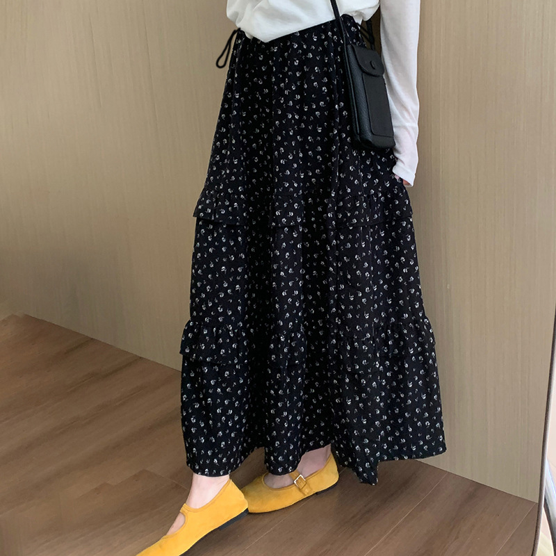 Summer pregnant women's temperament monochrome floral overskirt pregnant women's Korean drawstring waist slimming all-match half-length skirt with lining
