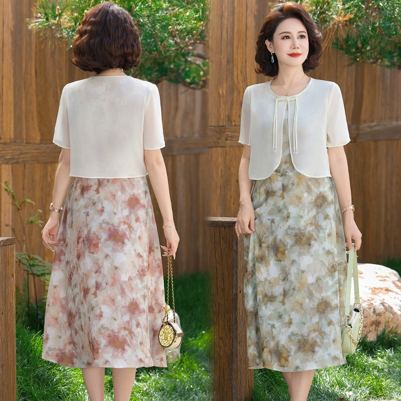 Новое поддельное женское платье из двух частей, повседневная одежда для мам среднего и пожилого возраста, модная женская юбка выше колена, тонкое летнее платье.