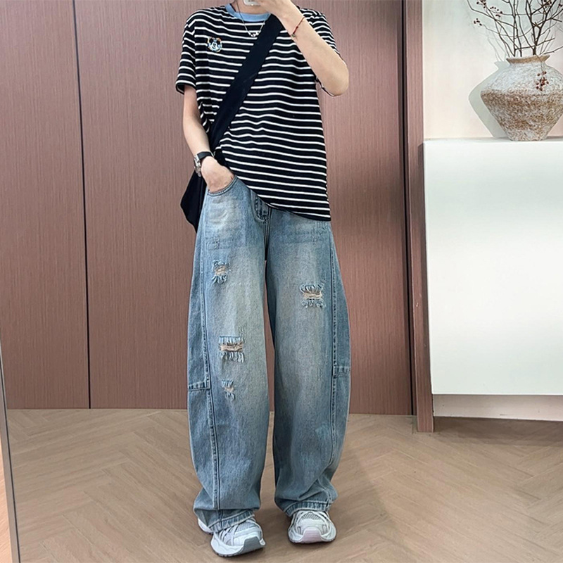 大码破洞阔腿牛仔裤女2025新款夏季薄款胖mm显瘦宽松直筒弯刀裤子|undefined