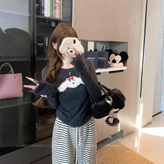 韩系可爱小狗圆领针织衫女新款长袖修身甜美内搭灰色显瘦打底上衣