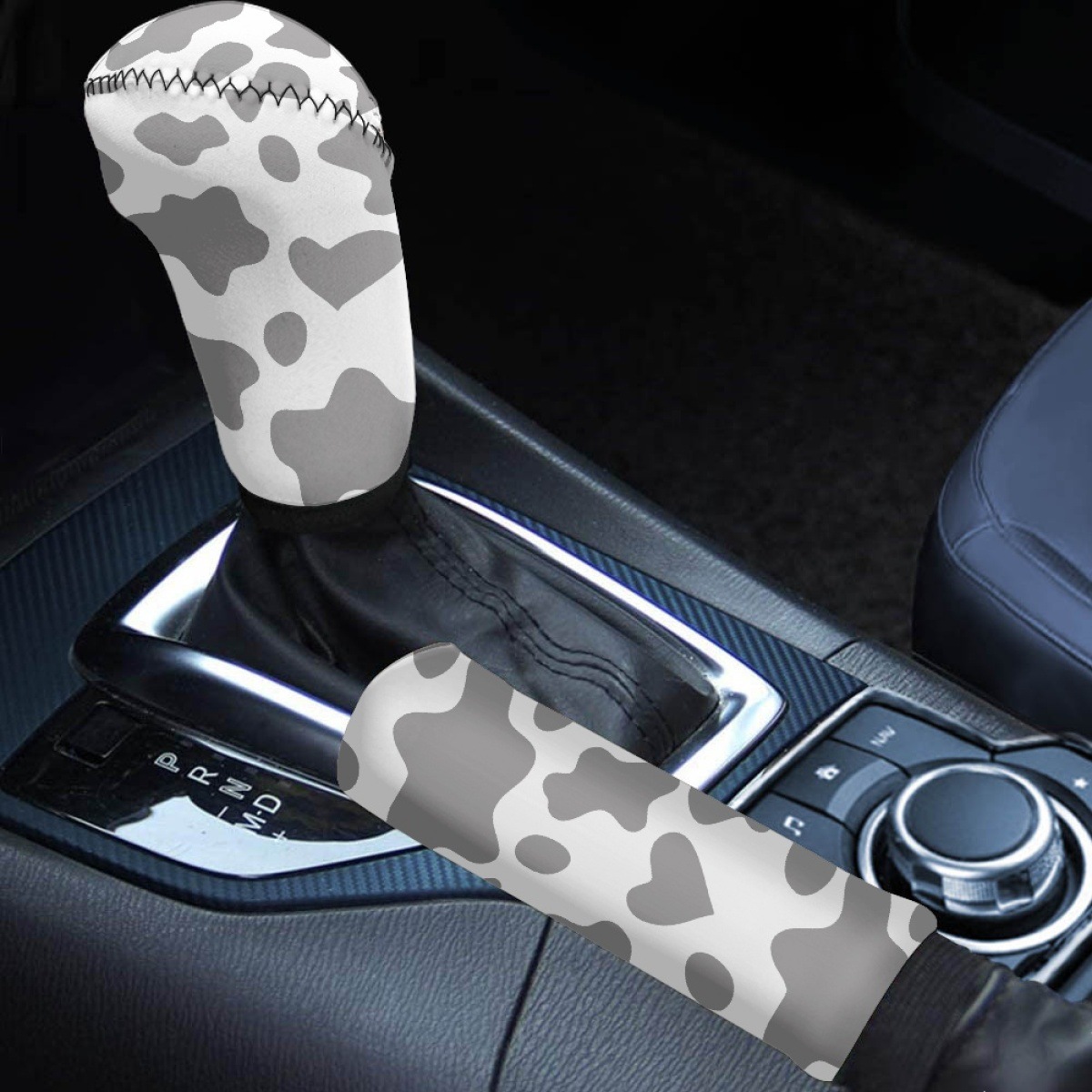 Amazon Car Gear Shift and Handbrake 2-Piece Set Pod Black and White Cow Pattern Universal Car Decoration Accessories Protective Cover
