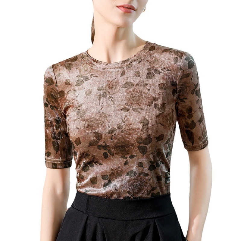 Camiseta de cinco mangas para mujeres 2024 otoño nuevo impresión pliegue de cintura camiseta de base de lujo ligero de alta gama camiseta de manga corta image 6