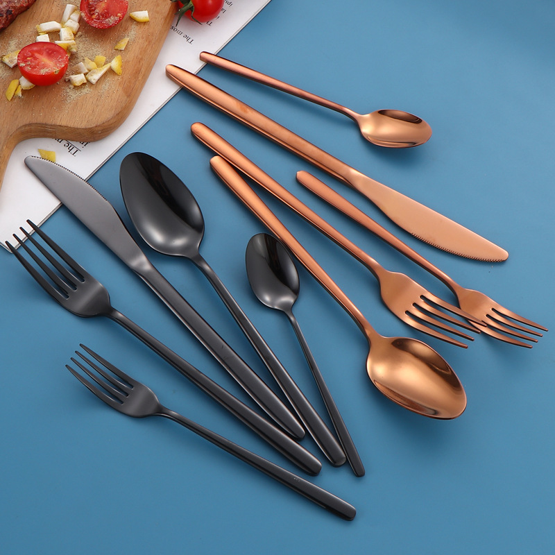 Productos de comercio electrónico transfronterizo cuchillo de acero inoxidable tenedor cuchara conjunto de cola redonda 5 piezas principales cuchillo de filete tenedor cuchara de comida tenedor cuchara de postre tenedor