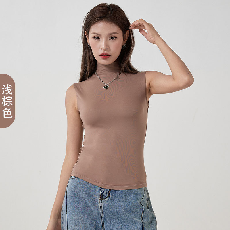 2024 nueva camisa de fondo suave de nube de doble capa sin mangas de cuello alto, camisa de fitness deportiva de yoga elástica ajustada