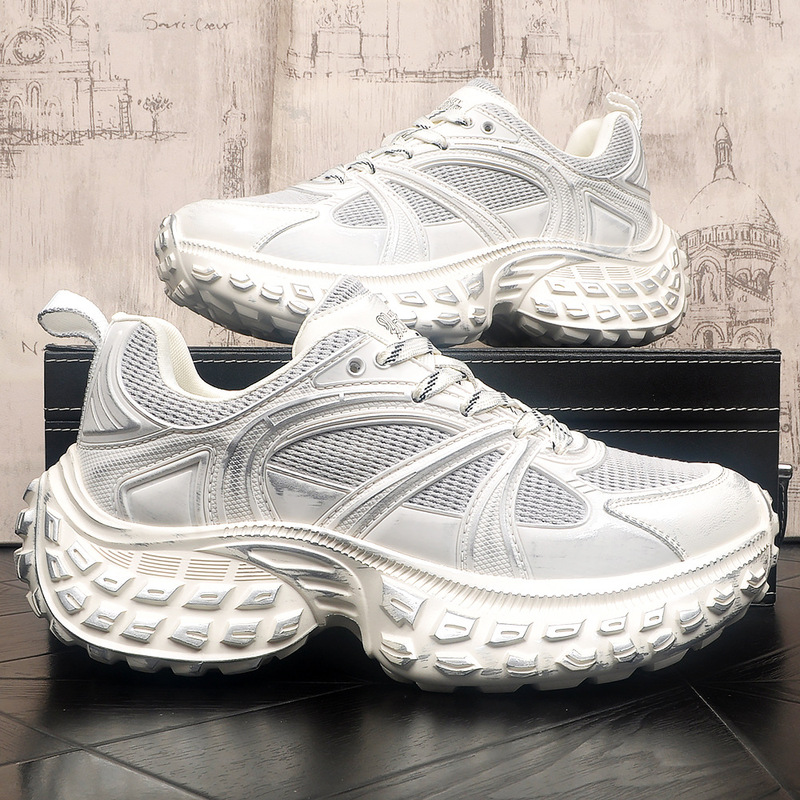 Vintage-style men's height-increasing mesh shoes with tire soles, high-end versatile genuine leather comfortable breathable casual sneakers Vintage-style men's height-increasing mesh shoes with tire soles, high-end versatile genuine leather comfortable breathable casual sneakers