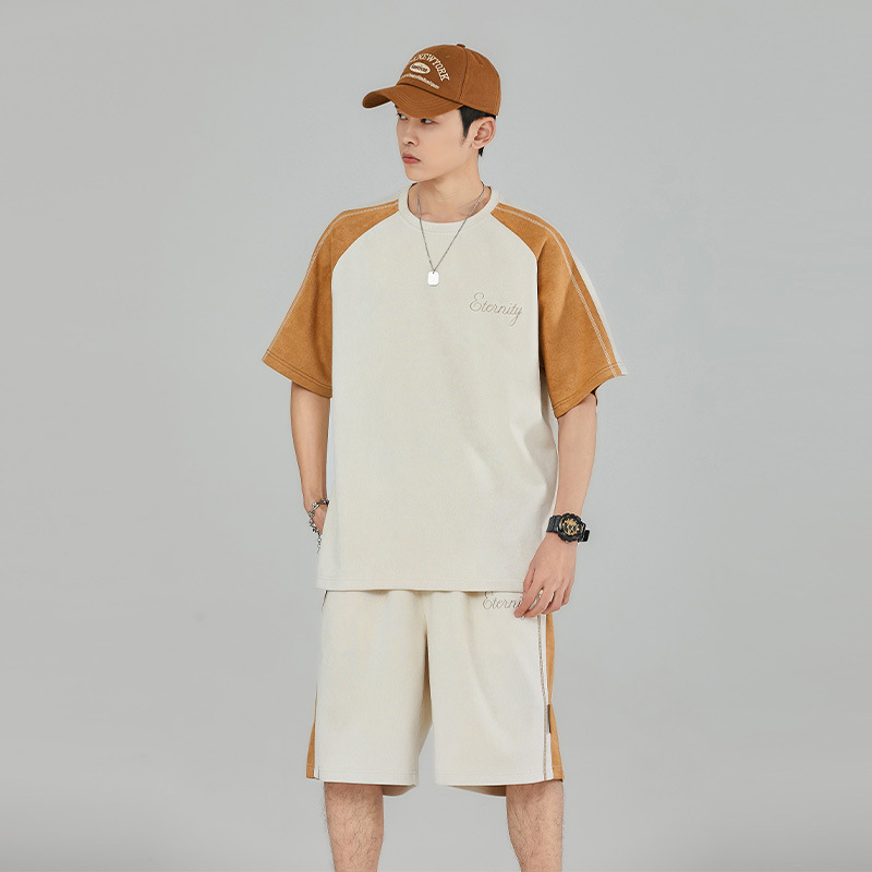 Pantalones cortos de manga corta de hombre gris oscuro letras bordadas estudiantes de secundaria guapo estilo coreano conjunto completo de ropa deportiva 28018