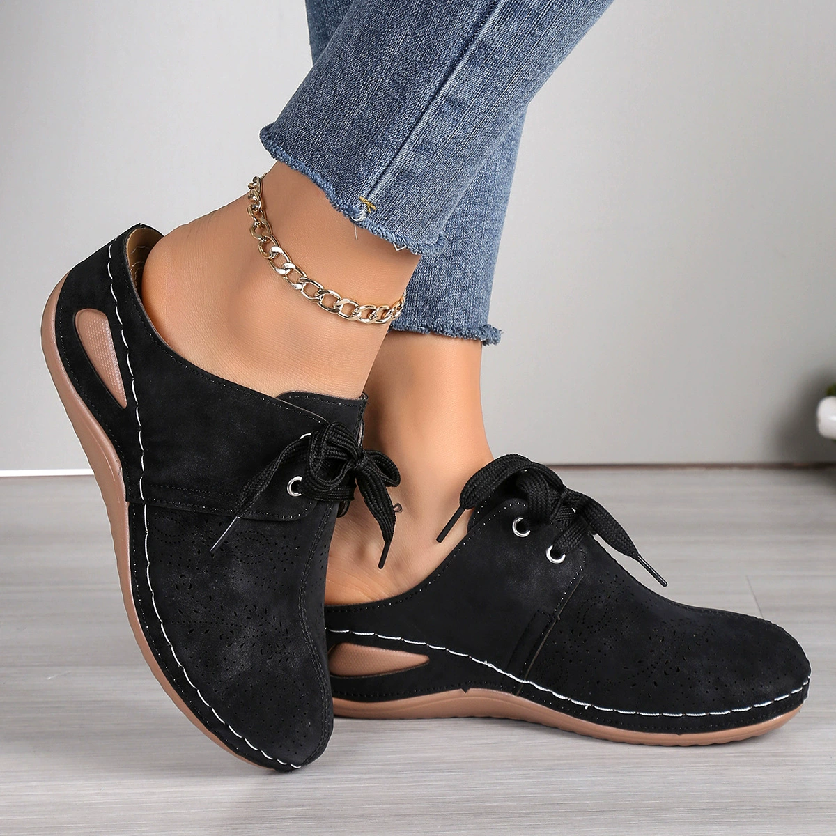 Imported Summer Platform Slippers, Perforated Lace-Up, Plus Size, Comfortable Sole, White/Black/Grey