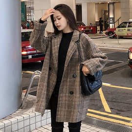 韩版宽松格子毛呢外套女短款小个子西装呢子大衣学生开衫