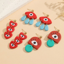 欧美ins风红色爱心眼睛图案聚合物黏土长款夸张软陶耳环度假风