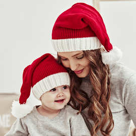 欧美秋冬季新款亲子毛线圣诞帽 单球腈纶宝宝妈妈保暖针织帽