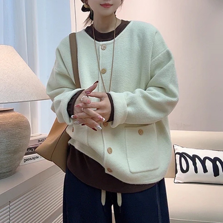 韩系圆领针织开衫女装2025年秋季新款宽松显瘦百搭单排扣毛衣外套|undefined