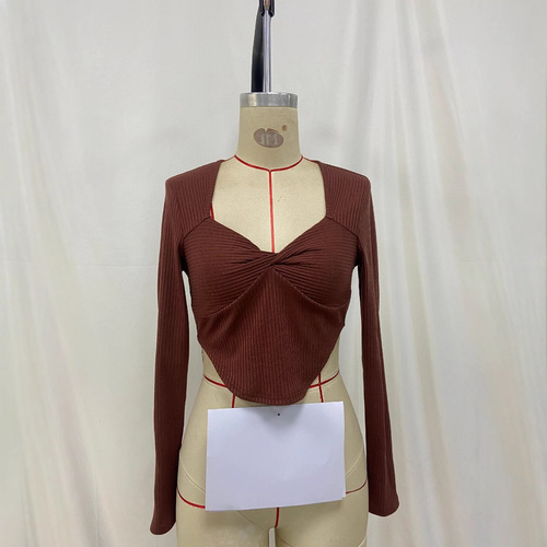 Eurasian autumn new women's knit long-sleeved short top with sexy exposed waist design, trendy fashion top for girls