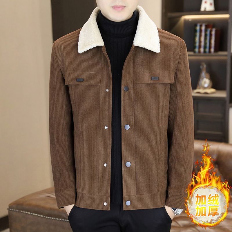 新款秋冬季灯芯绒夹克男士外套时尚翻领休闲加厚羊羔绒潮加绒保暖
