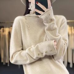 秋冬新款气质纯色女宽松针织打底衫法式百搭带扣洋气高领毛衣