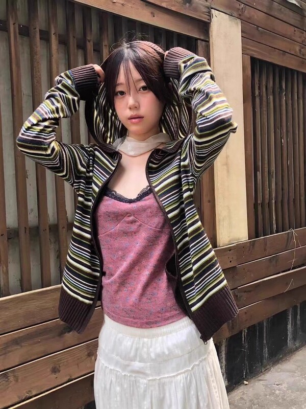 【官网正品】coyseio针织开衫女吴允儿同款修身条纹连帽拉链外套|undefined