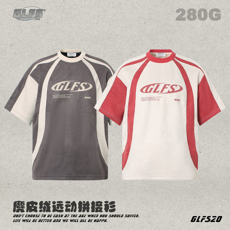Glfs 26 Spring/Summer New Short-Sleeve Suede Patchwork Sports High Street Foam Letter Print Half-Sleeve Couple T-Shirt