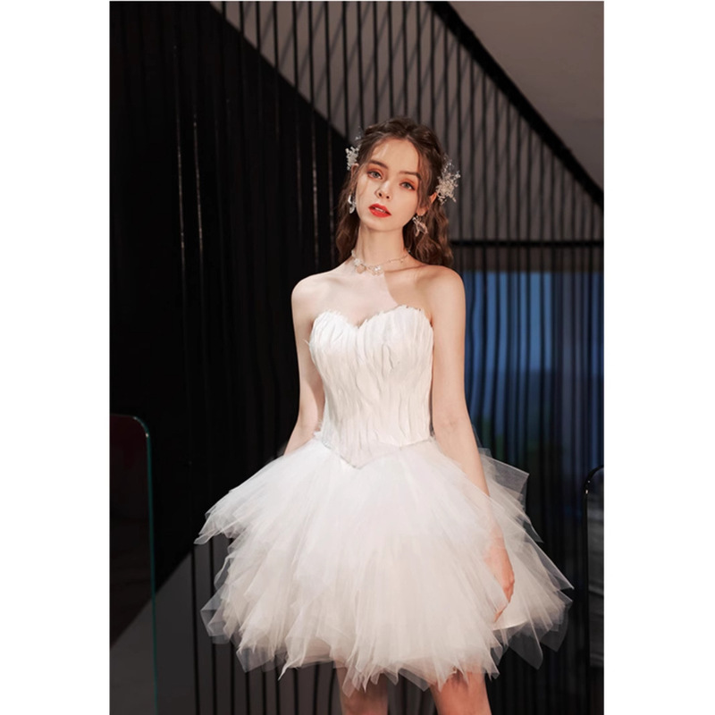 (non-refundable) White Feather Banquet Birthday Party Stage Show Short Dress 2024 New