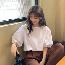 2025夏季新款韩版通勤时尚纯色宽松显瘦圆领泡泡袖短袖上衣女