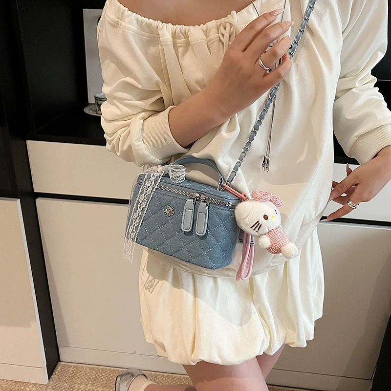 Denim Box Shoulder Bag, chain strap, light-luxury one-shoulder design, small & large