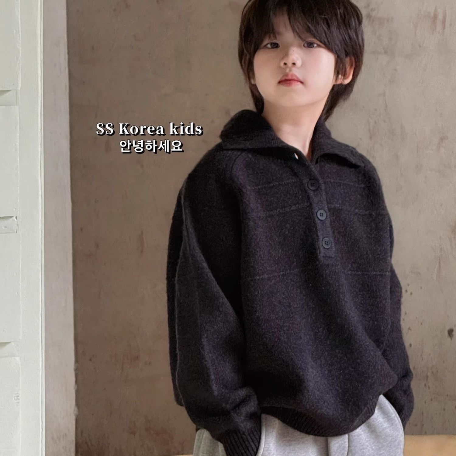 【5715】Boys' 2025 Autumn/Winter New Style Sweater for Medium and Large Children, Polo Collar Knitwear Base Layer Top, Lazy Style