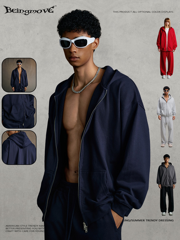 Calle secada| 2025 otoño estilo americano marca de moda de color sólido de doble cabeza cremallera chaqueta con capuchón cardigan chaqueta hombre