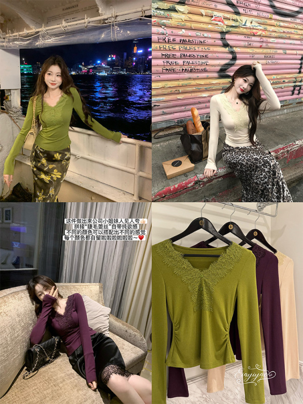 EIA一尧【钓系美人】气质毛针织衫女秋纯欲钓系显瘦蕾丝长袖上衣|undefined