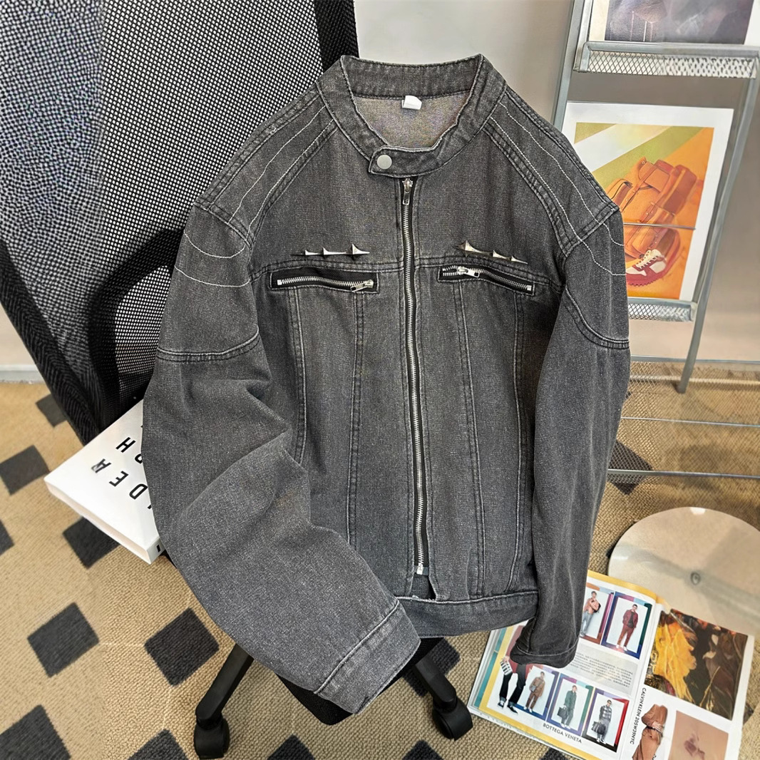 Chaqueta de mezclilla retro americana para hombre, chaqueta suelta de marca de moda de primavera y otoño, diseño de nicho, chaqueta de herramientas con cremallera