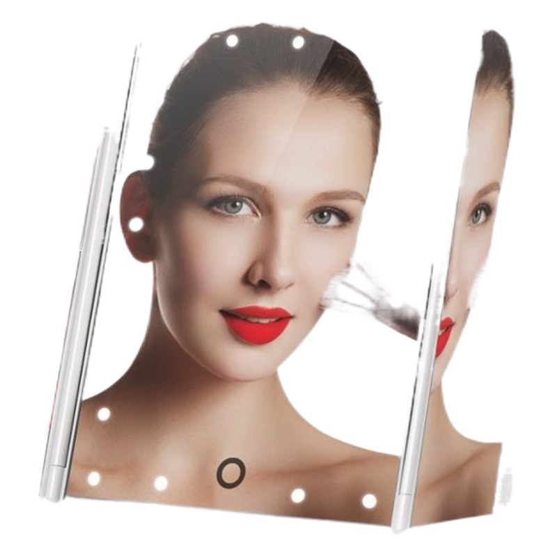 Espejo de maquillaje led Espejo de tres lados de escritorio plegable portátil Interruptor táctil Espejo giratorio de 180 grados Espejo de maquillaje de embellecimiento