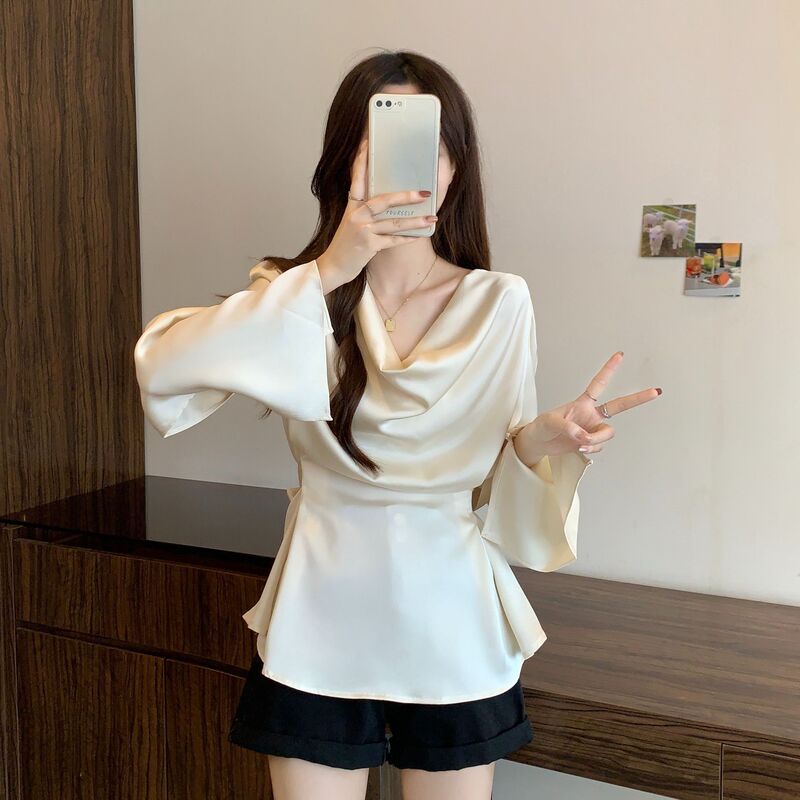 Autumn and Winter Fashion New Lace-Up Satin Shirt with High-End Design, Niche Pure Desire Style, Waist-Cinching, Draped Collar Blouse Autumn and Winter Fashion New Lace-Up Satin Shirt with High-End Design, Niche Pure Desire Style, Waist-Cinching, Draped Collar Blouse