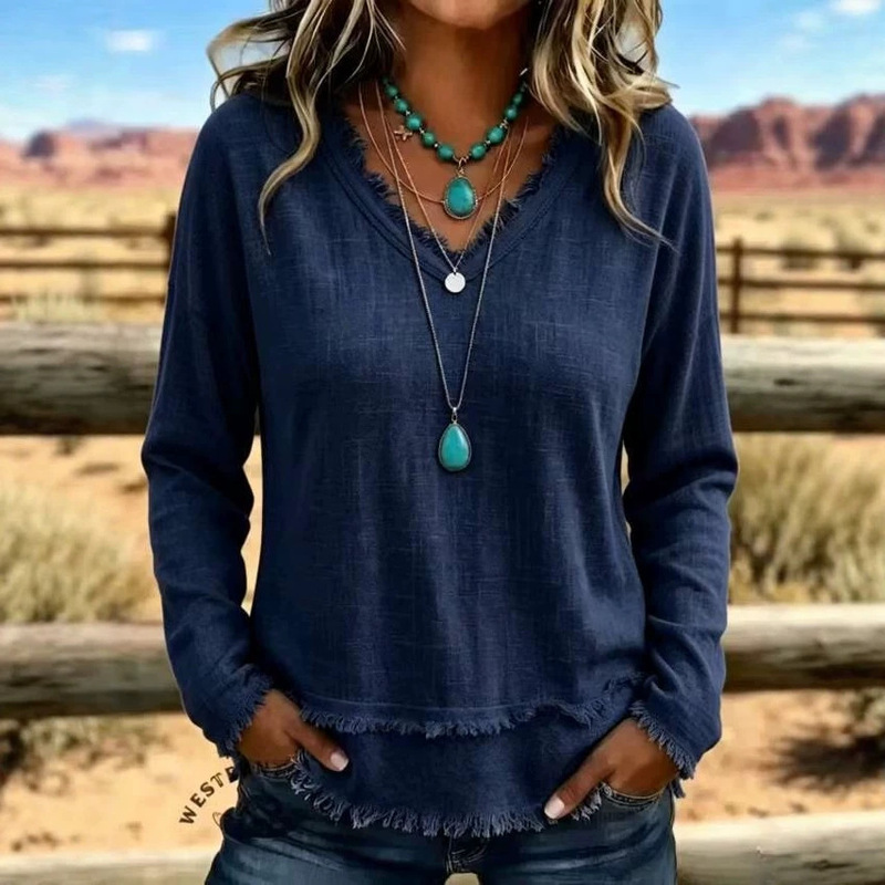 American Western Style Fringed V-Neck Long-Sleeve Top for Women, Vintage Distressed Faux Denim Texture with Tassels, Loose Pullover