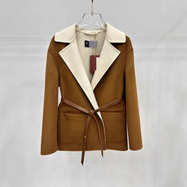 2025新款L&P秋装中长款毛呢外套双面羊绒大衣双色女真皮系带短款