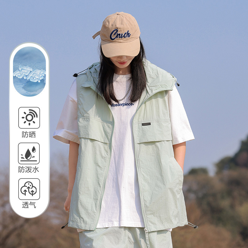 Unisex Thin Summer Vest, Quick-drying and Lightweight, Outerwear, Couple Style, Nylon Hooded Sleeveless Vest, Sun Protection Vest