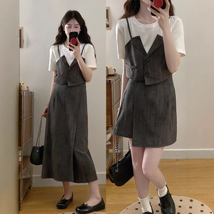 plus size Temperament Shoulder Fake Two-piece Stitching Short Sleeve A Version High Waist Two-piece Bust Pants Skirt Women's 2025 Summer