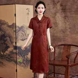 红莨香云纱绣花连衣裙女2026夏季新款妈妈装复古优雅显瘦大码长裙