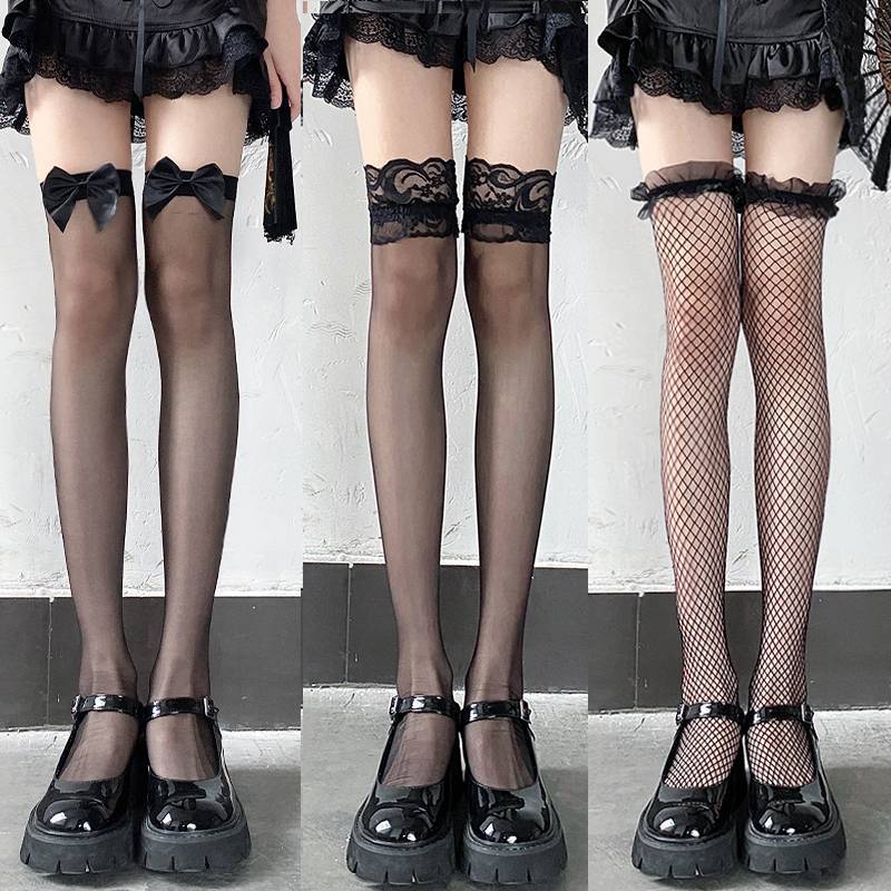 Night Teaching Room Over-the-Knee Stockings Thin Emotional Black Fishnet Stockings Lace Long Tube Halloween Thigh Black Silk