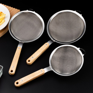 Stainless Steel Double Mesh Colander Wooden Handle Single Ear Frying Spoon Household 8-mesh Clip 40-mesh Fish Mesh Leakage Filter