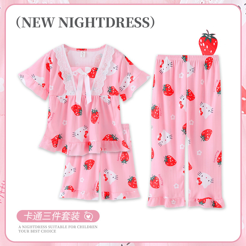 Summer Children's Pajamas Girls' Short-sleeved Trousers Three-piece Set Little Girl's Baby's Thin Shorts Large Children's Home Clothes