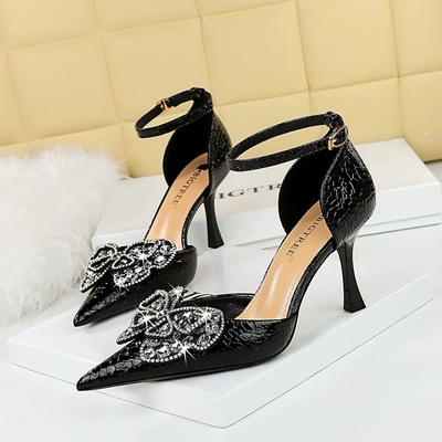 8323-H23 European and American Banquet Women&apos;s Shoes High Heels, Shallow Mouth, Pointed Head, Hollow Straight Line 