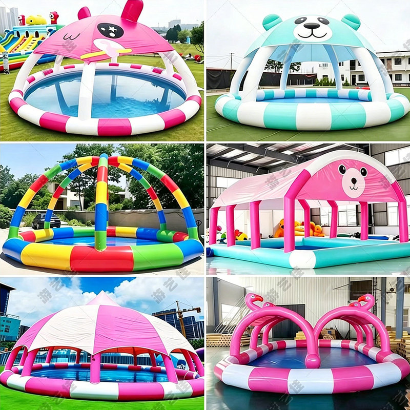 Inflatable Swimming Pool with Tent, Cartoon Design, Thickened Pvc Outdoor Swimming Tub for Children and Adults with Slide
