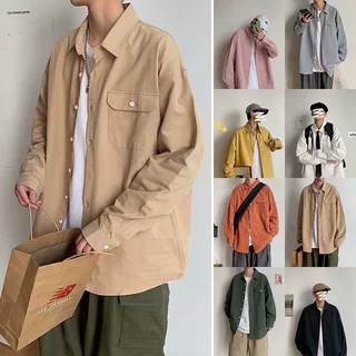 衬衫薄款男长袖宽松潮流休闲学院风百搭纯色休闲情侣班服口袋衬衣