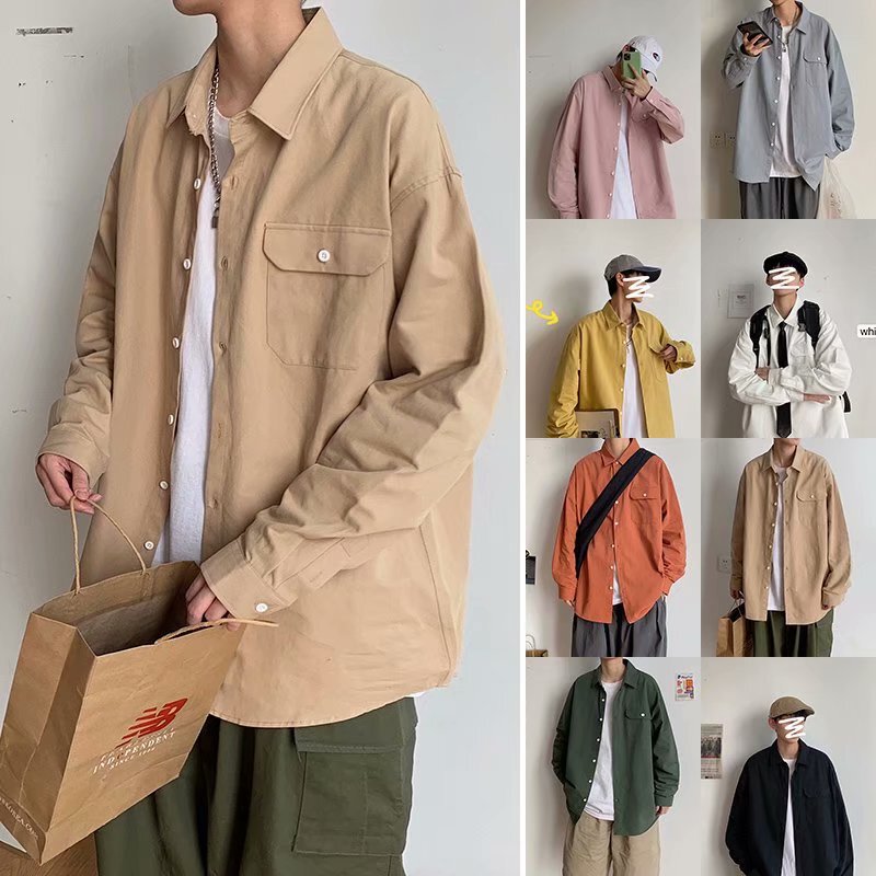 Shirt Thin Men's Long-Sleeved Loose Trendy Casual College Style Versatile Solid Color Casual Couple Class Uniform Pocket Shirt Shirt Thin Men's Long-Sleeved Loose Trendy Casual College Style Versatile Solid Color Casual Couple Class Uniform Pocket Shirt
