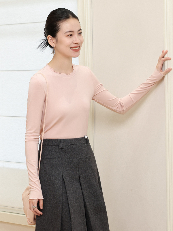 实力工厂超软肌底皮肤衣法式木耳边长袖T恤女修身桑蚕丝打底衫|undefined