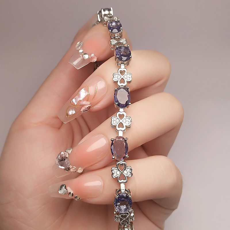 直播爆款仿紫水晶四叶草手链女时尚百搭镀白金色坦桑蓝彩宝手串