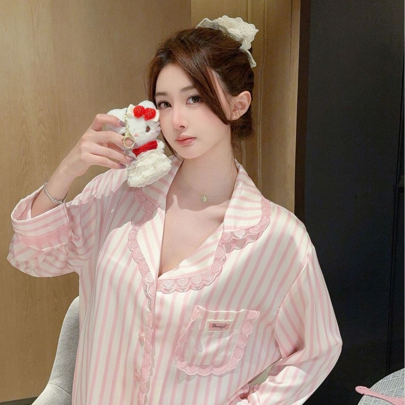睡衣女秋冬新款冰丝条纹长袖睡衣可外穿开衫家居服蕾丝花边套装|undefined