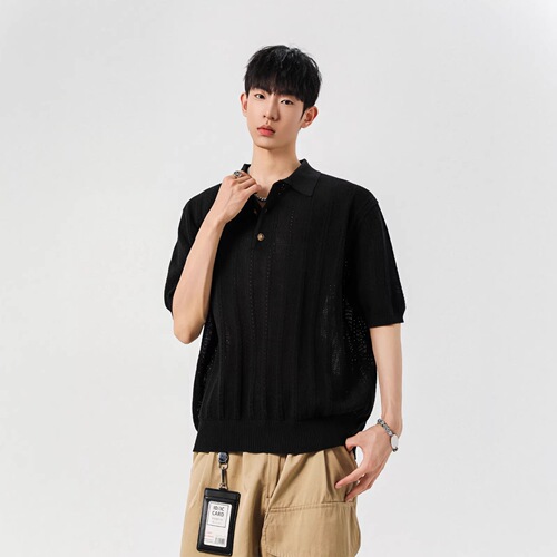 Breathable jacquard knitted short-sleeved men and women's summer thin American retro Polo shirt hollowed out design Henry neck top