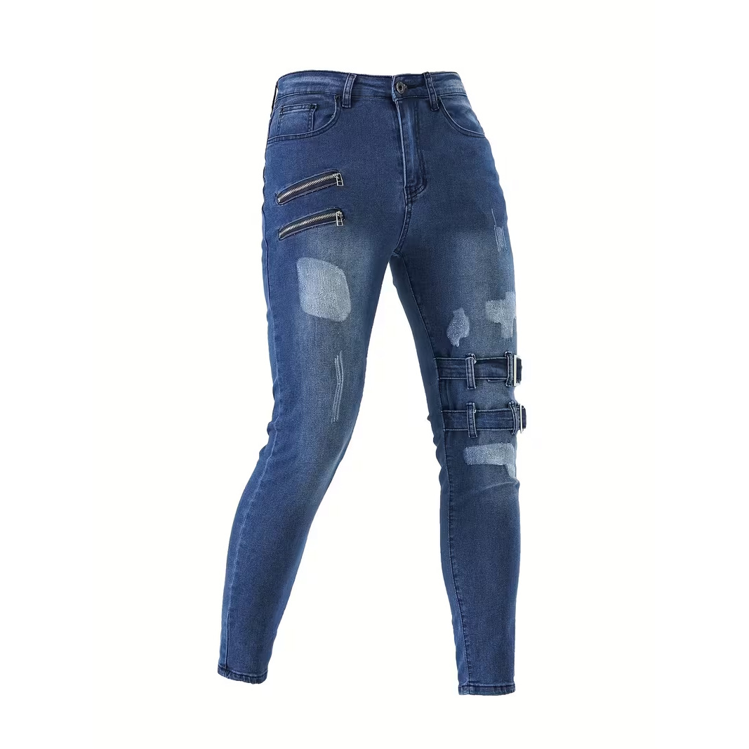 Jeans da uomo neri strappati e usurati, elasticizzati, vestibilità slim, casual, affusolati, vestibilità affusolata che valorizza la figura._voghion.com
