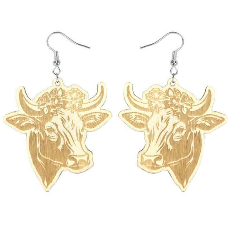 1 Pair Retro Cattle Carving Wood Drop Earrings display picture 1