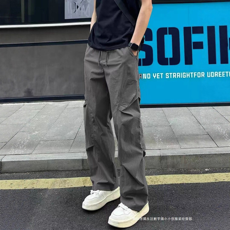 American-Style Softshell Softshell Pants for Men in Summer, Thin Pleated Quick-Drying Paratrooper Workwear Pants, Straight Sports Casual Pants