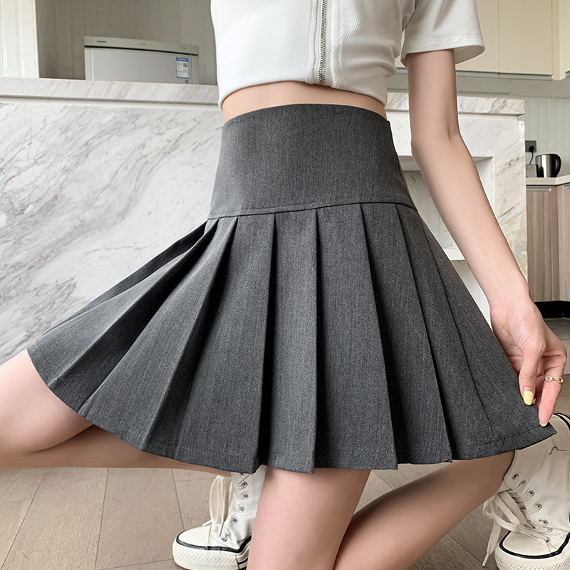 New high-waisted short skirt, gray pleated skirt, women's summer midi skirt, Korean style, pleated, preppy A-line pleated skirt