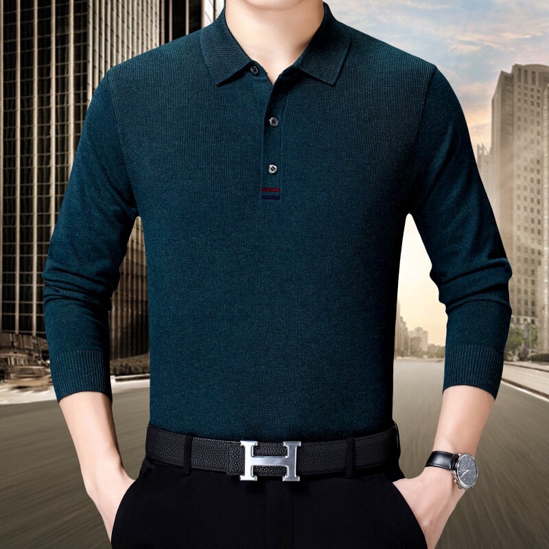Brand High-end Cashmere POLO Shirt Men's Lapel Spring and Autumn Knitted Base Clothes Middle-aged Dad Long-sleeved T-shirt